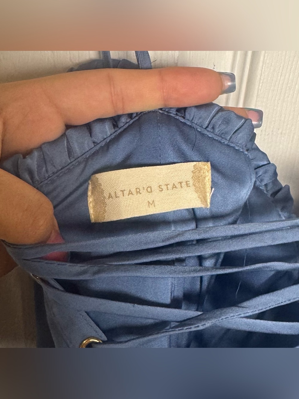 Altar'd State Stellni Satin Maxi Dress Tiered Ruffle Skirt Corset Bodice in Blue - Picture 4 of 16